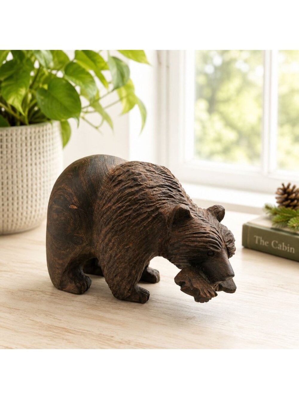 Hand-Carved Wooden Bear Figurine With Fish Rustic Cabin Decor 7.5" Long Vintage
